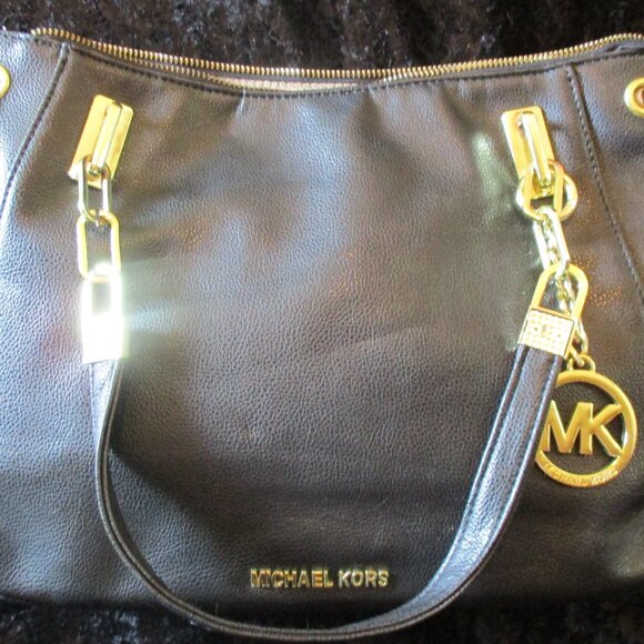 Vintage Michael Kors Black Leather Double Handled Handbag with Chain Accents - Picture 1 of 6